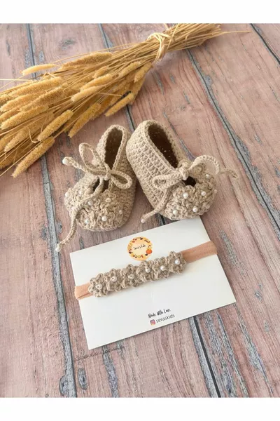 Hand Knitted Beige Baby Girl Booties and Bandana Set