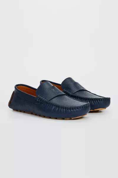 Men's Navy Blue Genuine Leather Loafer Shoes