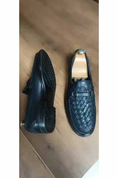 CHAUSSURES HOMME TRICOTÉ À LA MAIN EN CUIR VÉRITABLE ROK BLEU MARINE