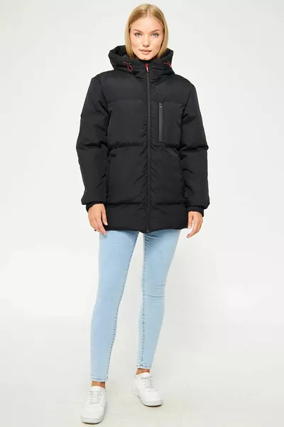Manteau d’hiver gonflable coupe-vent à capuche en fibre noire pour femmes
