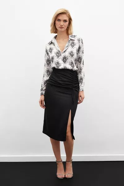 Satin Skirt with Drawstring Detail - Black