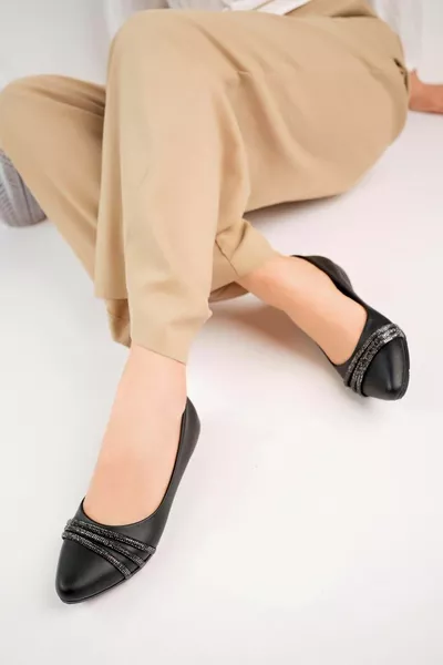 Black  Dames 3 Stone Casual Big Size Ballerina's - Zwart Leer - 