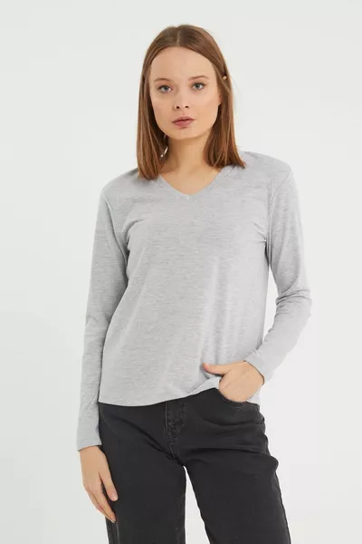 المرأة طويلة الأكمام الخامس الرقبة الأساسية القطن محبوك تي شيرت