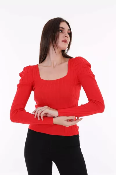 المرأة الأحمر الأكمام مطوي الرباط الأميرة كم مربع الرقبة بلوزة سترة