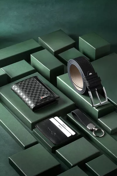 Checkers Pattern Wallet Self Card Holder Belt Keychain Combination Black Set