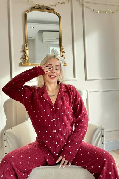 Burgundy Dotted Patterned Front Button Plush Fleece Pajama Set