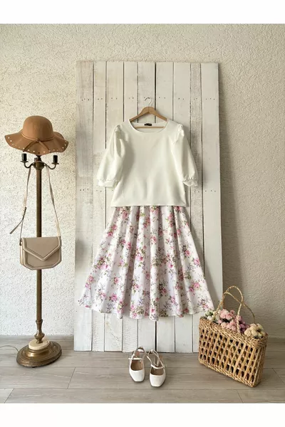 Wit-Roze-Paarse Bloemen Uitlopende Poplin Rok