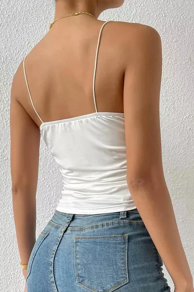 Women's Sleeveless Strappy Degaje Collar Blouse Crop