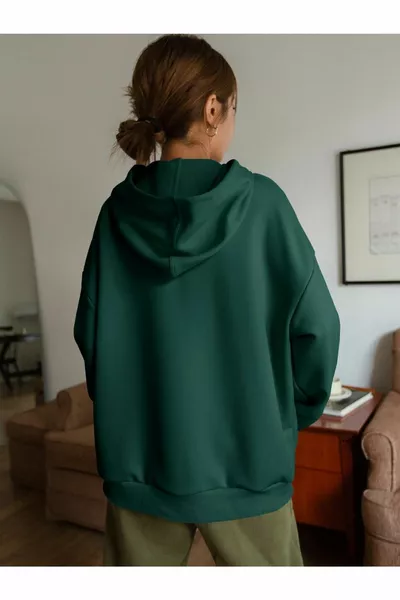 Дамски зелен комфортен щампован оверсайз суитшърт с цип