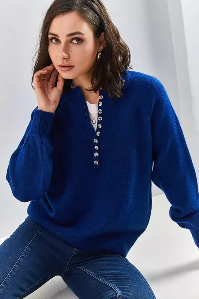 Damen Ausschnitt Knopfloch Rollkragenpullover Strickpullover