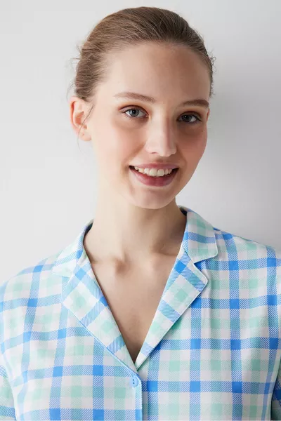 Colored Gingham Multicolored Button-Down Shirt Pants Pajama Set