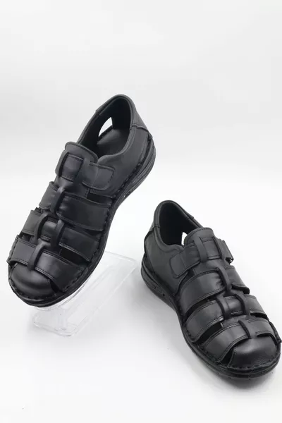 Men's Inner Outer Genuine Leather Soft Sole Black Sandals