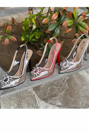 Elmas taş detaylı 9 cm şeffaf abiye ayakkabı