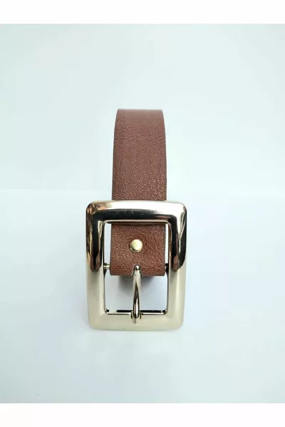 حزام نسائي أسود تان ذهبي مشبك مزدوج