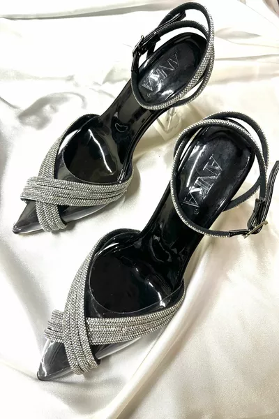 Donna Principessa Nera Trasparente Croce Pietra 8 Cm Tacchi Trasparenti Punta A Punta Scarpe Da Sera