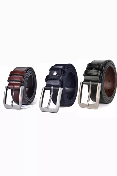 حزام جلد رجالي 3 قطع أسود بني كحلي خياطة 4 سم