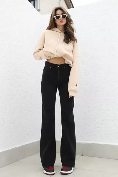 كريستيان  الأسود ليكرا بالازو رث الساق سوبر عالية الخصر الجينز