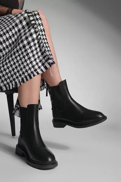 Dames Gouden Knoop Dubbele Elastische Casual Laarzen met Rits Terug Valone Zwart