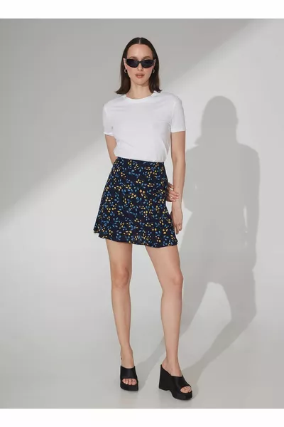 Mini gonna fantasia da donna blu a vita alta Attock-1