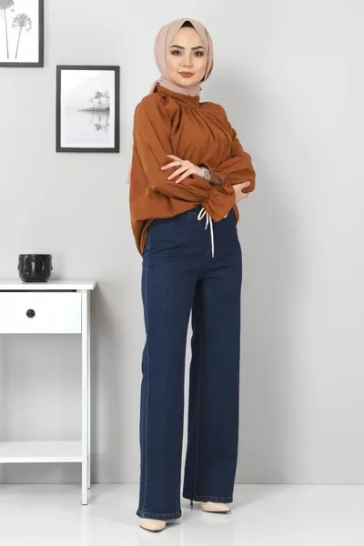 Jeans larges taille élastiquée  bleu foncé