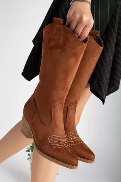 Dames Rits Bruin Tan Suède Laarzen Geborduurde Western Cowboy Laarzen