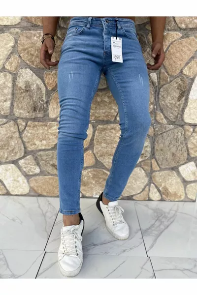 Jeans Uomo Skinny Fit Lycra Unghie Blu Ghiaccio