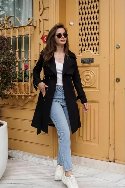 % Cotton Gabardine Midi (CM) Lined Belted Women's Trench Coat 