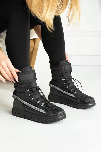 Casual Women's Unisex Black Grey Snow Boots Inside Fur Velcro Elasticated Lace Up Non Slip Sole Shoes 