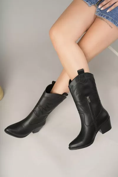 Zwarte geborduurde zwarte cowboylaarzen voor dames