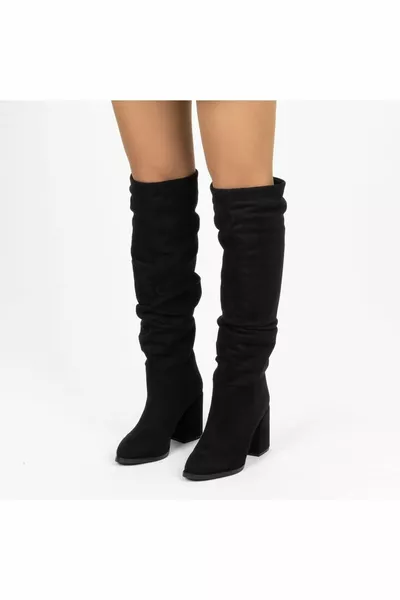 نسائي أسود من جلد الغزال مدبب إصبع القدم كعب سميك منفاخ أحذية الركبة