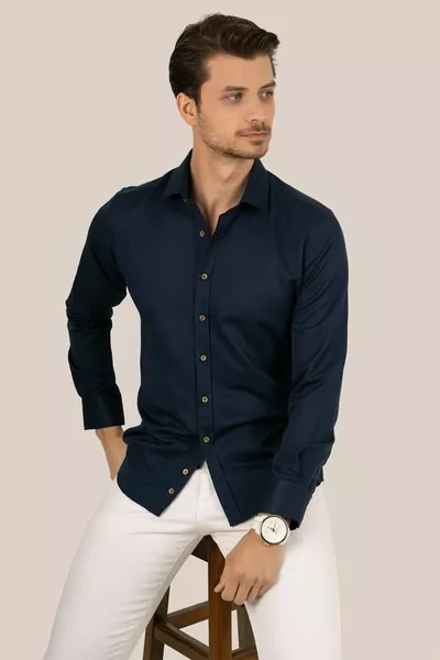 Lacivert Kahve Düğmeli Slimfit Hediye Kutulu Erkek Gömlek