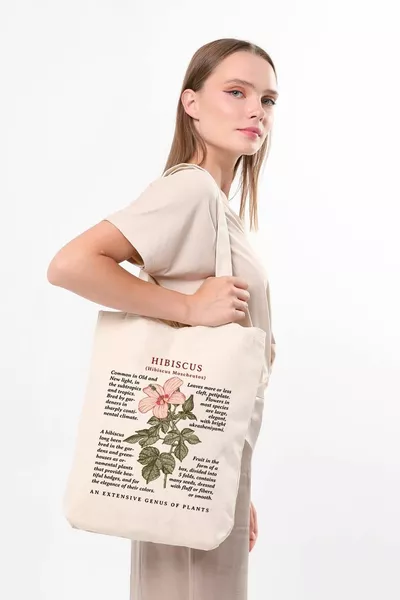 Tote Bag in tela crema con ibisco stampato con manici neri