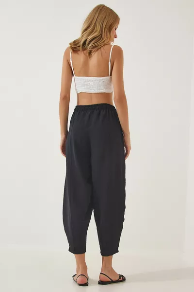 Schwarze Leinen-Baggy-Hosen für Damen 