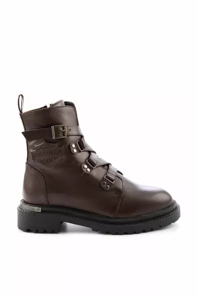 أحذية نسائية جلد بني داكن وحذاء بوت 