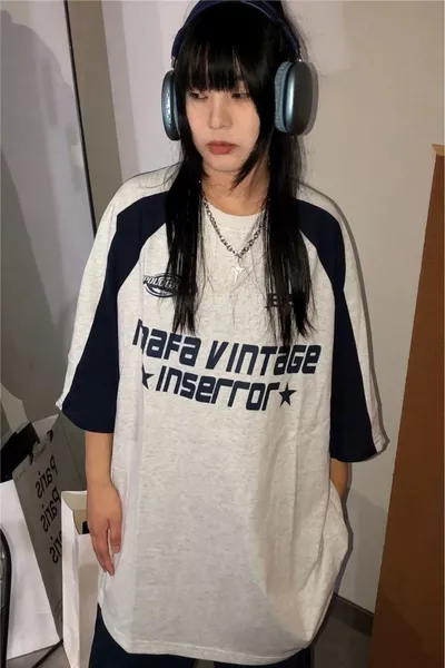 Damen Vintage K Koreanisches bedrucktes Oversize-T-Shirt