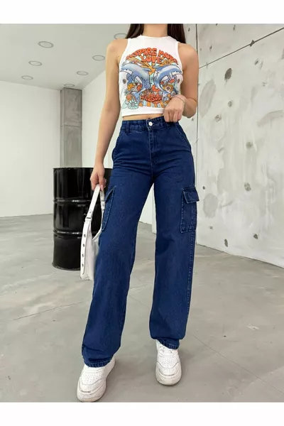 Marineblauwe cargobroek met hoge taille en wijde pijpen voor dames