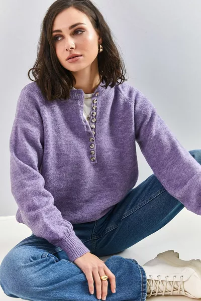 Женский вырез на пуговице водолазка полосатый трикотажный свитер