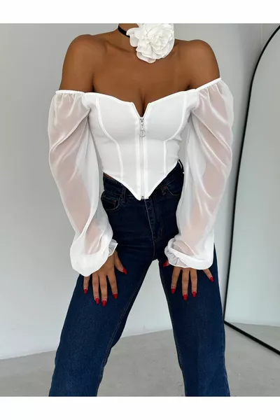 Camicetta corta a maniche lunghe con cerniera in chiffon con maniche bianche da donna