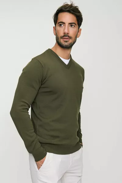 Maglione in maglia con scollo a V kaki da uomo 