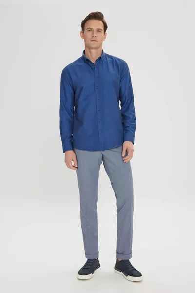 Men's Oxford Dark Navy Blue Button Collar Easy Ironable Cotton Slim Fit Slim Fit Slim Fit Shirt