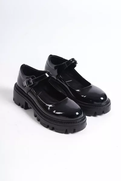 Scarpe Oxford ortopediche Mary Jane da donna con fibbia singola in vernice nera