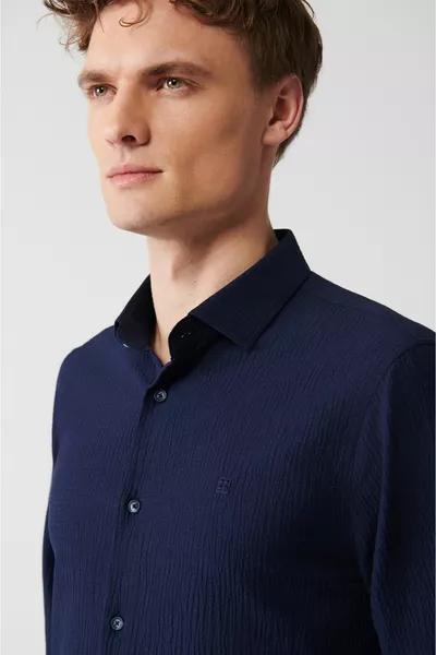 الرجال الأزرق كلاسيك طوق قميص قطني منقوش 