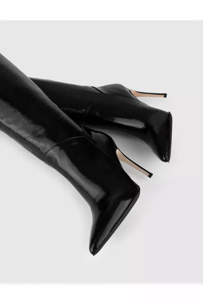 Flin Vera Pelle Verniciata Increspata Stivali Con Tacco Nero Da Donna