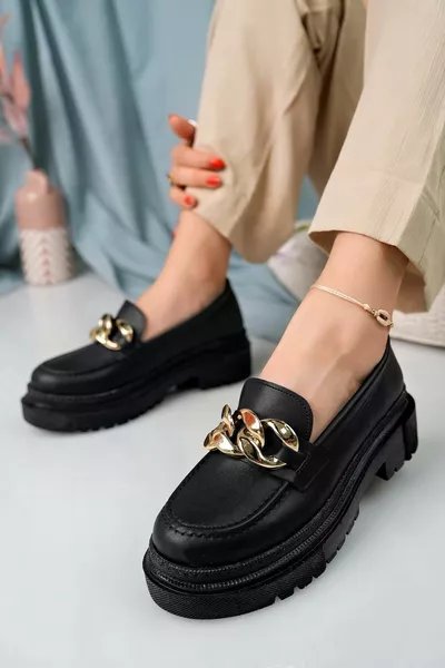 المرأة السوداء بالسلاسل Laofer سميكة وحيد عارضة أحذية الباليه - أسود - 