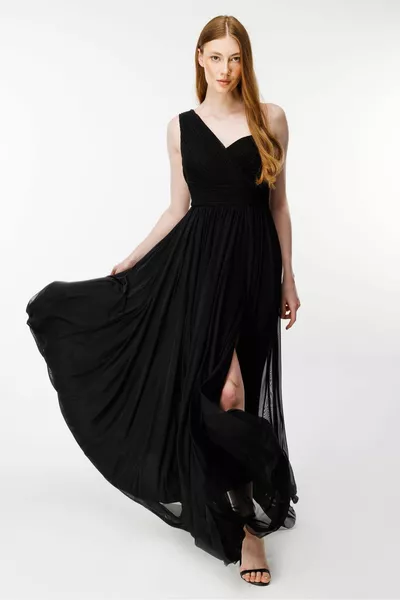 Een schouder Dpape en Split Gedetailleerde avondjurken - zwart