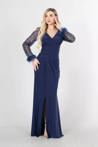 حجر شفاف مطرزة مساء اللباس الأزرق الداكن 