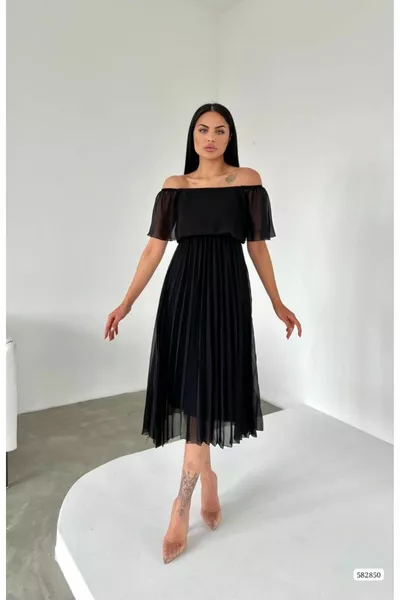 Chiffon plissettato Off-Shoulder Open Midi Lunghezza Chiffon Abito da sera di nozze fidanzamento promessa di laurea