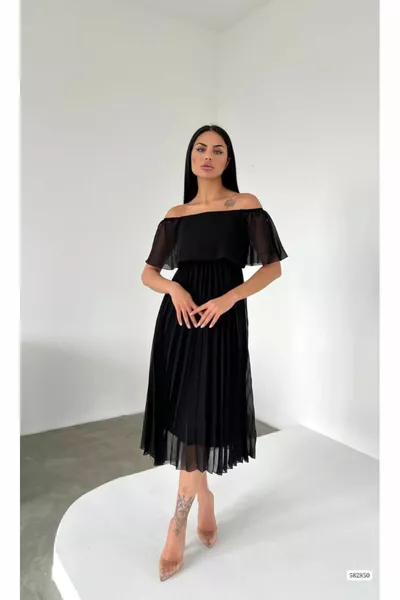 Chiffon plissettato Off-Shoulder Open Midi Lunghezza Chiffon Abito da sera di nozze fidanzamento promessa di laurea