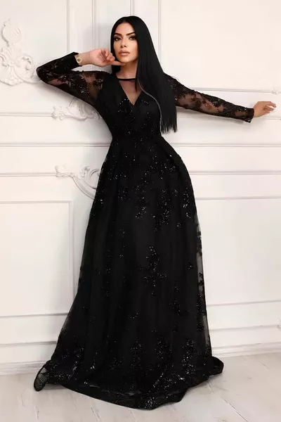 Glitter Flock Printed V Transparent Low-Cut Sleeves Long Transparent Long Evening Dress on Flexible Tulle
