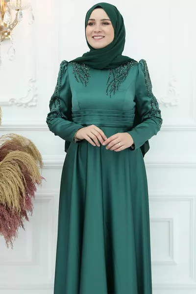 Зерен Атласное Вечернее Платье Изумруд